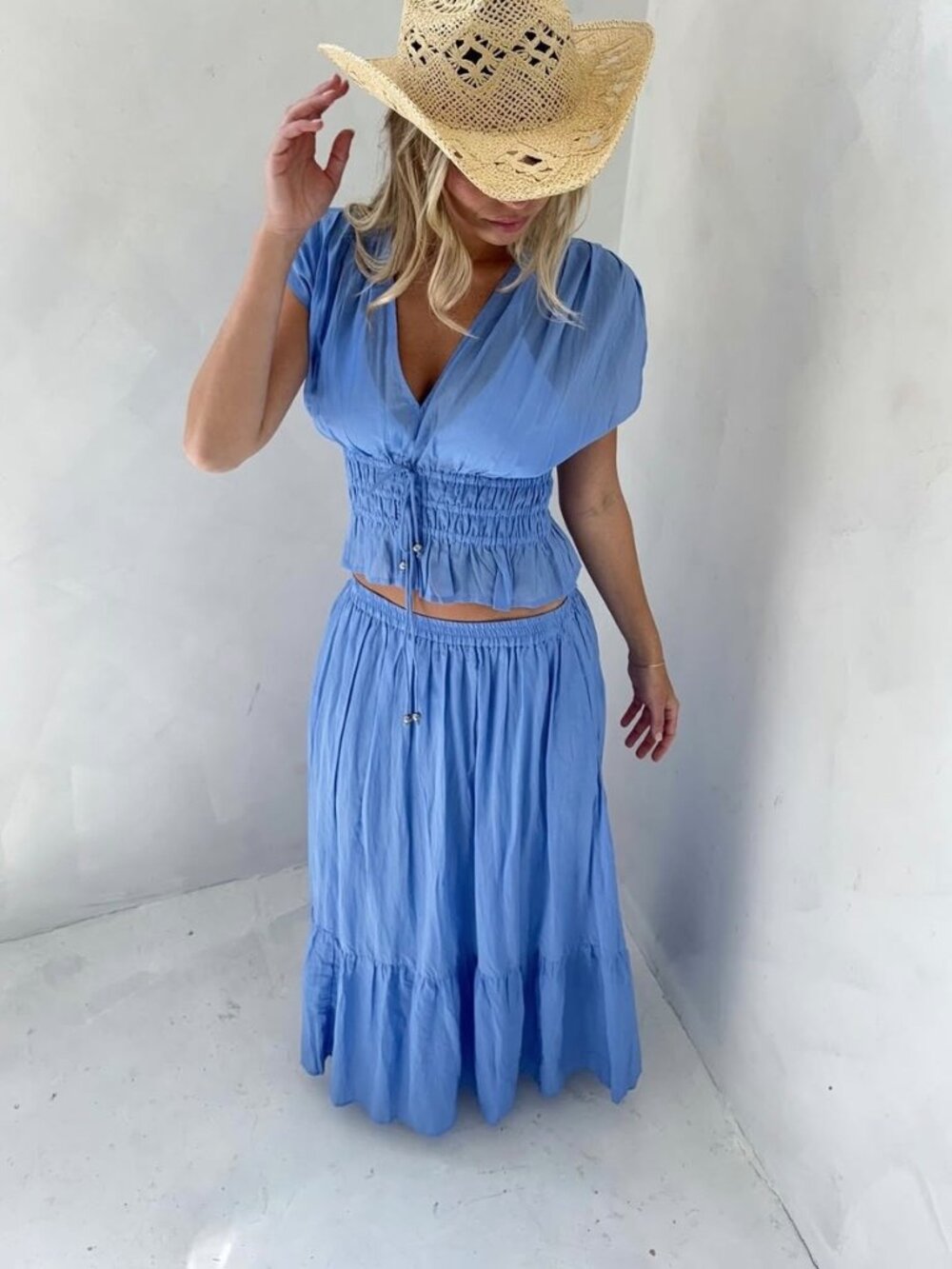 Elan Vicky Women's 2pcs Top & Skirt V-Neck Ruched Maxi, Blue, Top L, Skirt XS - Picture 2 of 16